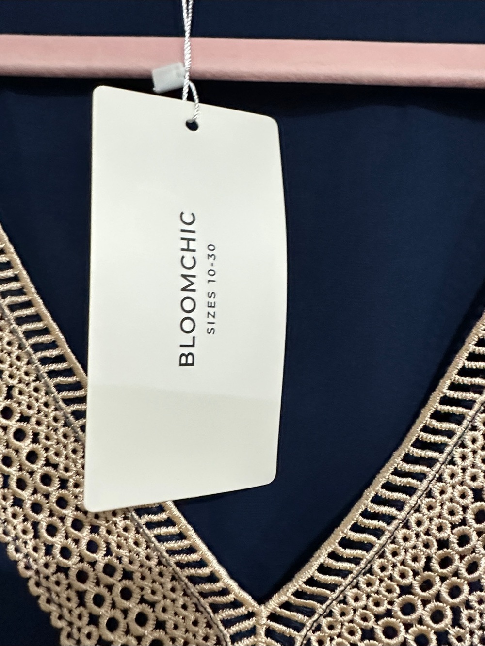 BloomChic Navy Midi Dress with Cream Crochet V-Neck - Picture 7 of 7